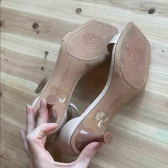Vince Camuto Women's Nude Square Toed Kitten Heeled Sandals - Picture 8 of 10